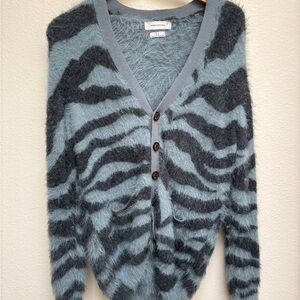 Urban Outfitters Fuzzy Zebra-Stripe Cardigan - Light Blue & Charcoal